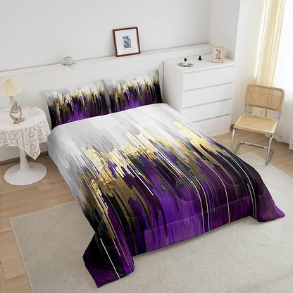 Purple Comforter Set Twin Watercolor Graffiti Bedding Set, Striped Oil Painting Bedding Comforter Sets Aesthetic Modern Duvet, Ombre Brush Marks Contemporary Quilted Comforter Metallic Gold Decor