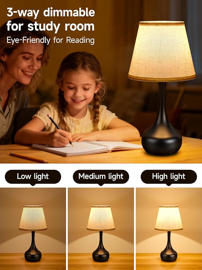 3-Way Dimmable Touch Table Lamps for Nightstand - Small Bedside Lamps with Fabric Shade in Black, Farmhouse Style Desk Lamp for Bedroom, Kids Room, Living Room, Home Office & Reading (Black)