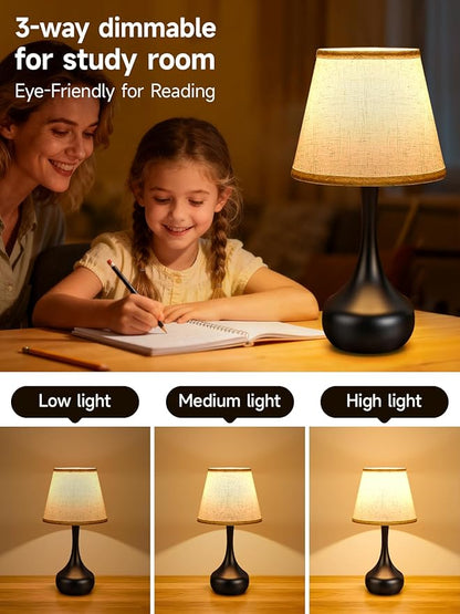 3-Way Dimmable Touch Table Lamps for Nightstand - Small Bedside Lamps with Fabric Shade in Black, Farmhouse Style Desk Lamp for Bedroom, Kids Room, Living Room, Home Office & Reading (Black)