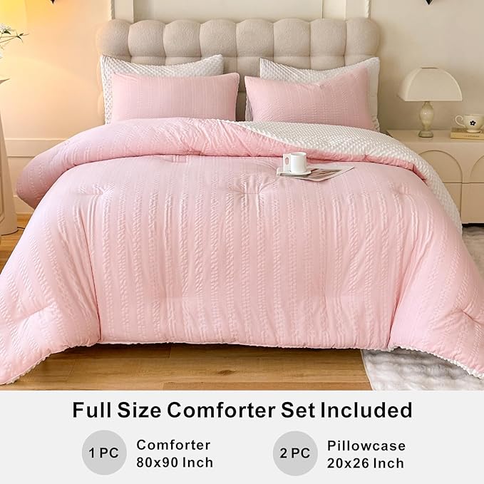 Boho Comforter Set Full Size Striped Pleats Bohemian Seersucker Bedding Set All Season Soft Cozy 3 Pieces Quilt with 2 Pillowcases(80"X90" Blush Pink)