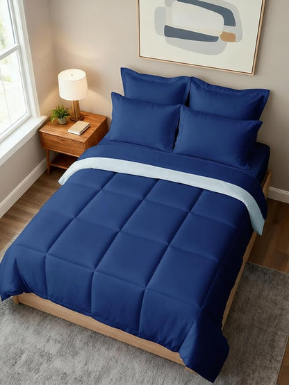 Full Comforter Set - 5 Piece Bed in a Bag Full Size Bed Set - Down Alternative Comforter, Flat Sheet, Fitted Sheet, Pillowcase & Shams for All Seasons - Soft, Comfy & Breathable - Navy Blue/Sky Blue