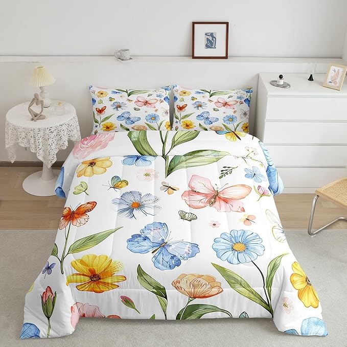 Manfei Botanical Comforter Set King Size, Watercolor Flower Butterfly Quilt Set with 2 Pillowcases, Plants Floral Bedding Set 3pcs for Kids Boys Girls Room Decor Lightweight Duvet Insert