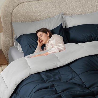 Anluoer Full Size Bed in a Bag 7 Pieces, Navy and Grey Bed Comforter Set with Sheets, All Season Bedding Sets with 1 Comforter,2 Pillow Shams,2 Pillowcases, 1 Flat Sheet,1 Fitted Sheet