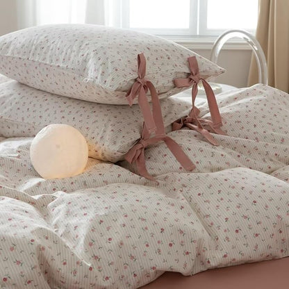 MKXI White and Pink Comforter Set - Queen Size with Flowers, Pink Stripes, Garden Theme - Soft, Floral Print Comforter