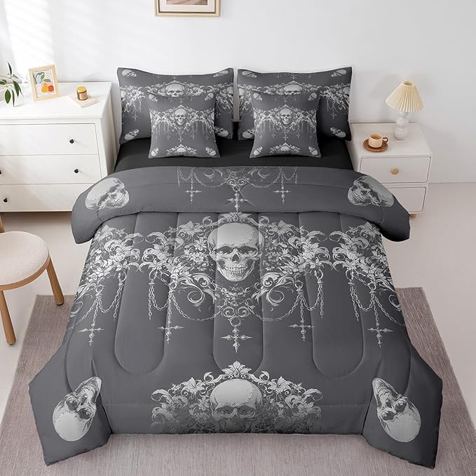 Erosebridal Gothic Comforter Set 7 Piece Bed in a Bag Twin,Goth Sugar Skull Bedding Set,Grey Sliver Damask Bohemian Vintage Floral Comforter and Sheet Set,Exotic Antique Victorian Baroque Decor