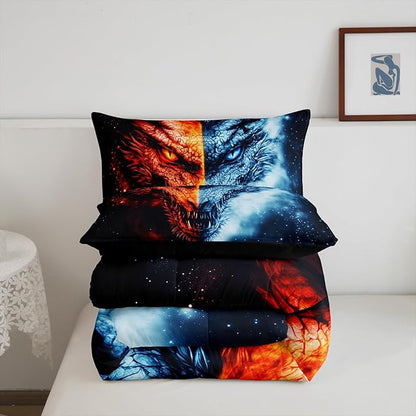 Manfei Dragon Bedding Comforter Sets Full,Western Exotic Animal Ice and Fire Bedding Set for Bedroom Decoration,Wildlife Retro Dragon with 1 Comforter and 2 Pillow Cases Bedroom Decor