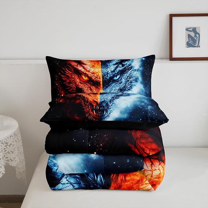 Manfei Dragon Bedding Comforter Sets King,Western Exotic Animal Ice and Fire Bedding Set for Bedroom Decoration,Wildlife Retro Dragon with 1 Comforter and 2 Pillow Cases Bedroom Decor