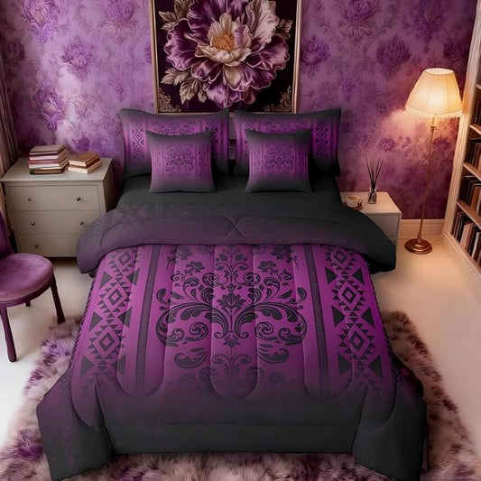 Comforter Set Queen Size, Dark Purple Damask Aztec 7 Pcs Bedding for Kids Adults, Antique Decor Western Baroque Gothic Bed Sheet Sets with Fitted Sheet 2 Pillowcases & 2 Shams for Bedroom Bed Decor