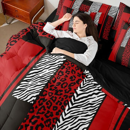 Erosebridal Zebra Cheetah Fur Pattern Black Red Adults Comforter Set Queen Size 7 Pieces | Leopard Print Stripes Bed in A Bag Zebra Cheetah Wild Animal Skin Bed Set Women Men Teens Bedding