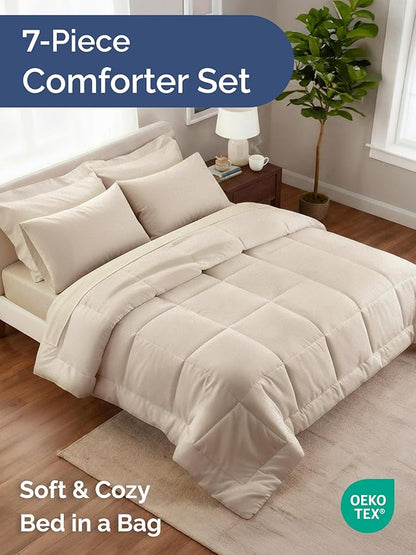 Queen Comforter Set - 7 Piece Bed in a Bag Queen Size Bed Set - Down Alternative Comforter, Flat Sheet, Fitted Sheet, Pillowcase & Shams for All Seasons - Ultra Soft, Cozy, Comfy & Breathable - Wheat