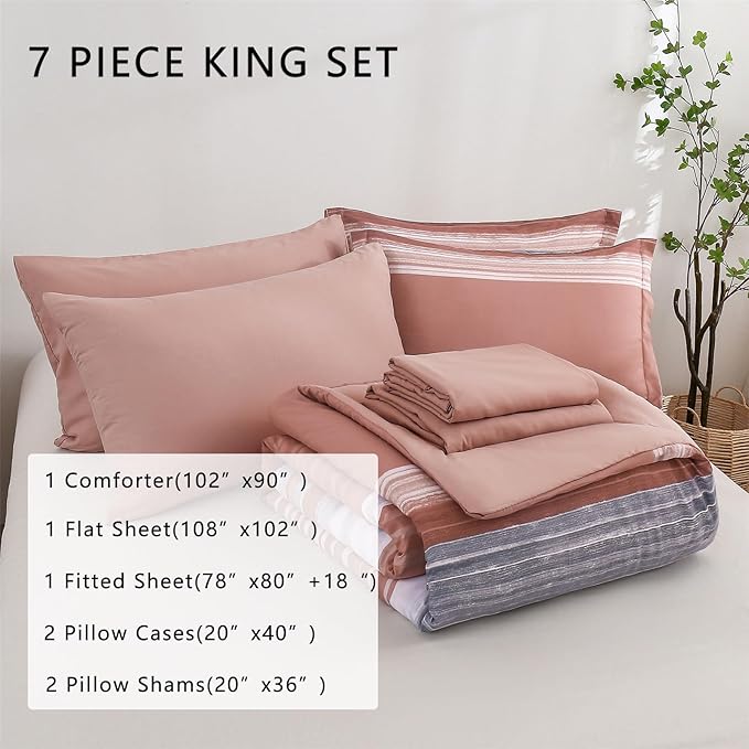 KAKIJUMN 7 Piece Bed in a Bag Stripe Comforter Set King Size, White Grey Blush Pink Patchwork Striped Comforter and Sheet Set, All Season Soft Microfiber Complete Bedding Sets(Pink,King)