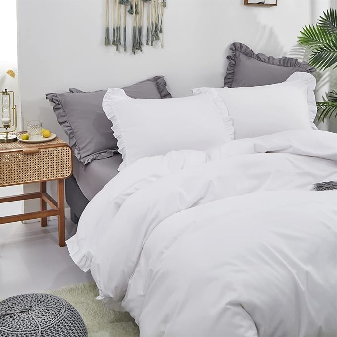Cottonight White Comforter Set Full Ruffles White Bedding Set Farmhouser Boho Blanket Quilt Plain Vintage Friange Soft Breathable Comforter Set