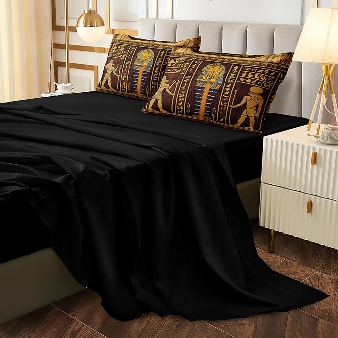 Ancient Egypt Comforter Set Black Gold Bedding Set Pharaoh Tribal Retro Comforter Egypt Cultural Theme Bedroom Decor Boho Exotic Vintage Bedding King Bed in A Bag