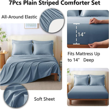 CozyLux King Comforter Set - 7 Pieces Bed in a Bag Grayish Blue Comforter Set with Sheets Luxury Bed Set All Seasons, Soft Bedding Set with Down Alternative Comforter, Sheets, Pillowcases & Shams