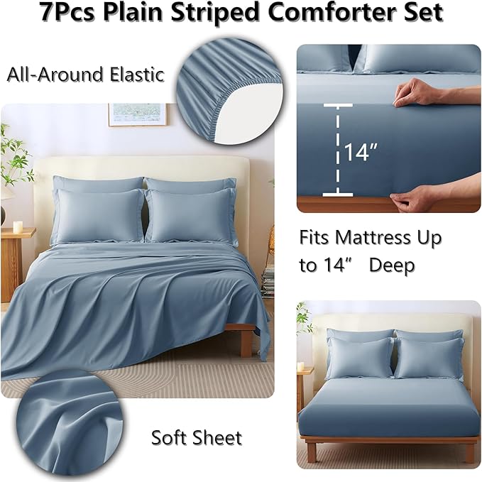 CozyLux Full Comforter Set - 7 Pieces Bed in a Bag Grayish Blue Comforter Set with Sheets Luxury Bed Set All Seasons, Soft Bedding Set with Down Alternative Comforter, Sheets, Pillowcases & Shams