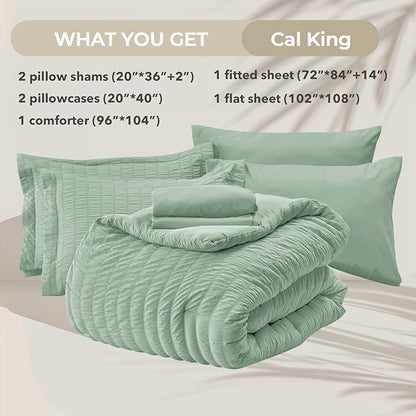 HYMOKEGE Sage Green California King Comforter Set Seersucker 7 Pieces, All Season Luxury Bed in a Bag for Bedroom, Bedding Set with Comforters, Sheets, Pillowcases & Shams