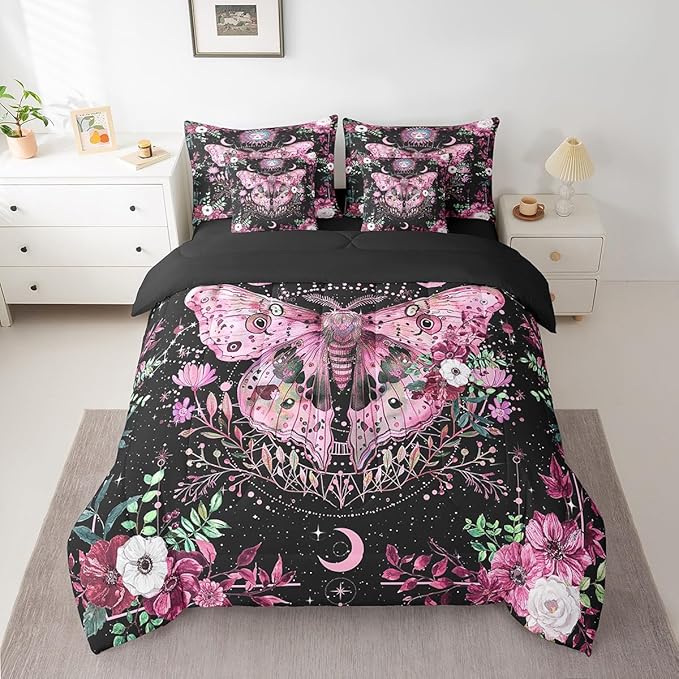 Feelyou Pink Purple Death Moth Bedding Set with Comforter, Boho Moth Comforter Queen Size 7Pcs Sun Moon Butterfly Bed in a Bag with Comforter, Boho Floral Flat Sheet, Fitted Sheet, Pillowcases