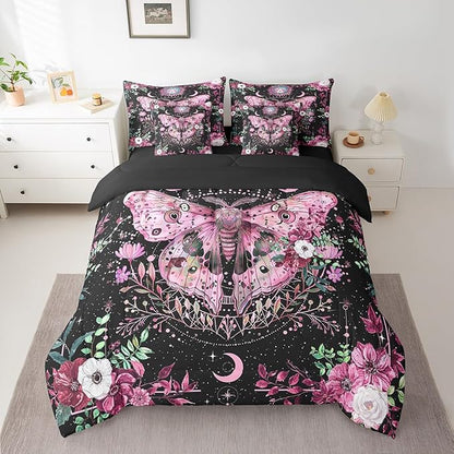 Feelyou Pink Purple Death Moth Bedding Set with Comforter, Boho Moth Comforter Full Size 7Pcs Sun Moon Butterfly Bed in a Bag with Comforter, Boho Floral Flat Sheet, Fitted Sheet, Pillowcases