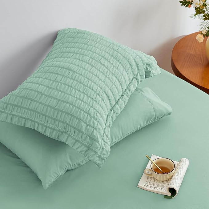 Love's cabin Seersucker Light Green Full Comforter Set, 7-Piece All Season Lightweight Bed in a Bag Bedding Set with Comforter, Flat Sheet, Fitted Sheet, Pillowcases and Shams | Soft, Breathable, Lightweight