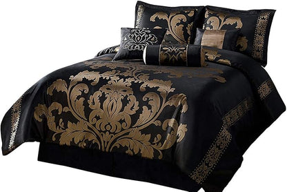 Chezmoi Collection 7-Piece Jacquard Floral Comforter Set, California King, Black/Gold