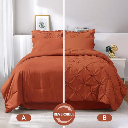 JOLLYVOGUE Burnt Orange Twin Size Comforter Sets 5 Pieces, Pintuck Bed in a Bag Comforter Set for Bedroom, Bedding Comforter Sets with Comforter, Sheets,Ruffled Shams & Pillowcases