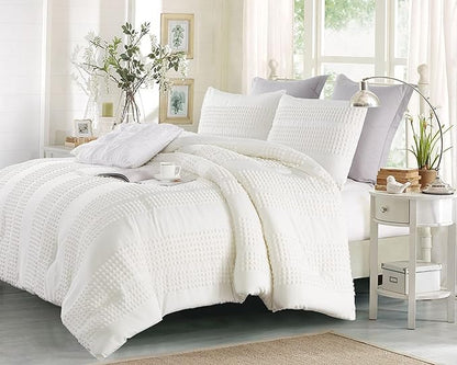Cupocupa Queen Comforter Set White Comforters Queen Size Sets Boho Tufted Shabby Chic Vintage Farmhouse Bedding Set Soft Fluffy Lightweight Comforter with 2 Pillow Cases for All Season