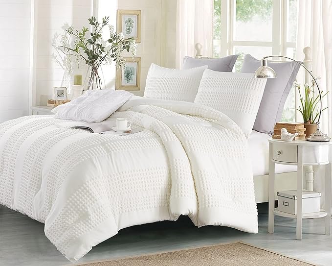 Cupocupa King Size Comforter Set, White Boho Tufted with Pom-Pom Trim, Soft Jacquard, Lightweight, 3-Piece Set, All-Season