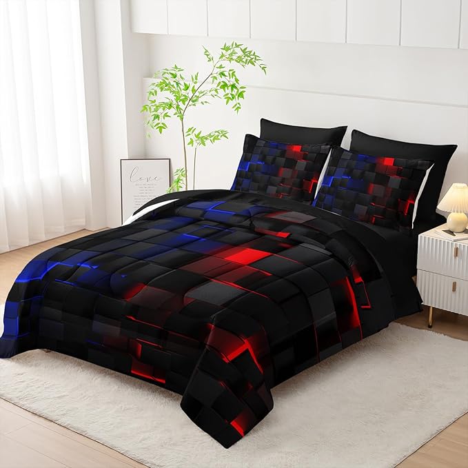 Red and Blue Checkered Comforter Set Twin Honeycomb Bedding Sets,Light Honeycomb Bedding Set 7 Piece in A Bag,Bed Sheet Set Geometry Decor,Microfiber Lightweight All Season
