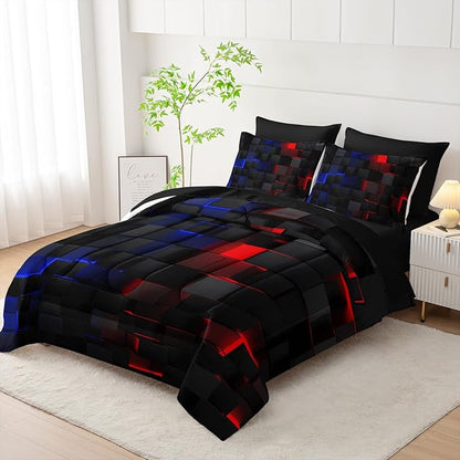 Red and Blue Checkered Comforter Set Queen Honeycomb Bedding Sets,Light Honeycomb Bedding Set 7 Piece in A Bag,Bed Sheet Set Geometry Decor,Microfiber Lightweight All Season