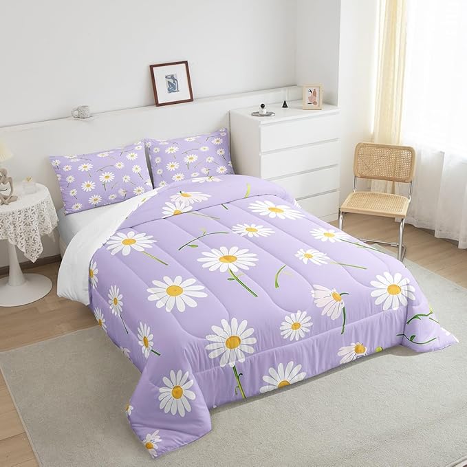 Manfei Cute Flower Comforter Set Queen Size, White Daisy Floral Bedding Set 3pcs for Kids Boys Girls Room Decor, Botanical Plants Wildflower Down Comforter with 2 Pillowcases, No Sheets