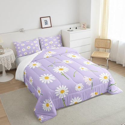 Manfei Cute Flower Comforter Set Queen Size, White Daisy Floral Bedding Set 3pcs for Kids Boys Girls Room Decor, Botanical Plants Wildflower Down Comforter with 2 Pillowcases, No Sheets