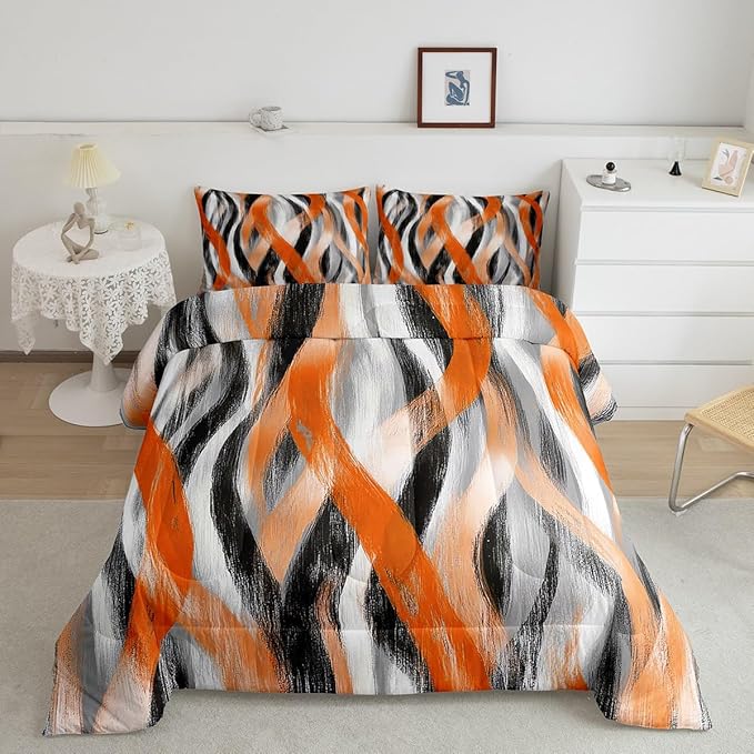 Erosebridal Geometric Stripes Comforter King Modern Abstract Comforter Set Grey Black Orange Bedding Set for Kids Adults Swirl Lines Quilt Duvet Room Decor 3 Pcs