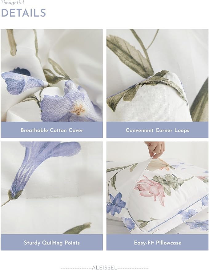 Natural Cotton 3pcs Floral Comforter Sets Queen Size - White Comfoter with Blush,Blue & Beige Floral Prints, Neutural Refresh Lightweight Bedding Sets(Queen 90"×90")