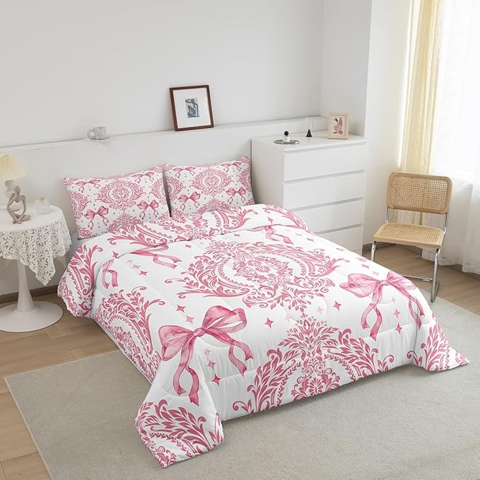 Feelyou Girls Pink Bowknot Comforter Set Full Size Gothic Damask Comforter Victorian-Themed Bedding Set Baroque Duvet Set Vintage Floral Quilt Set 3Pcs