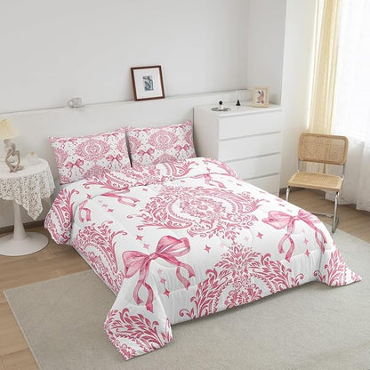 Feelyou Girls Pink Bowknot Comforter Set Queen Size Gothic Damask Comforter Victorian-Themed Bedding Set Baroque Duvet Set Vintage Floral Quilt Set 3Pcs