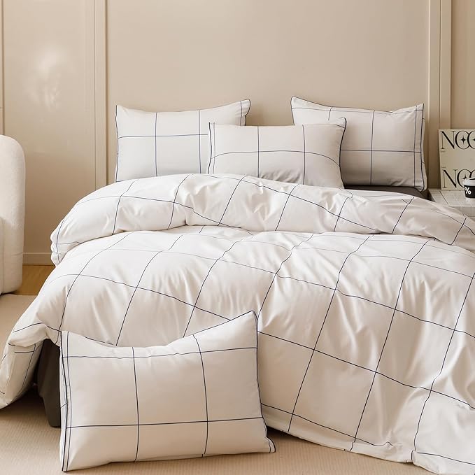 CLOTHKNOW Blue White Plaid California King Comforter Set 3Pcs White Blue Bedding Comforter Sets Big Grid Checker Comforter California King with 2 x Pillowcases