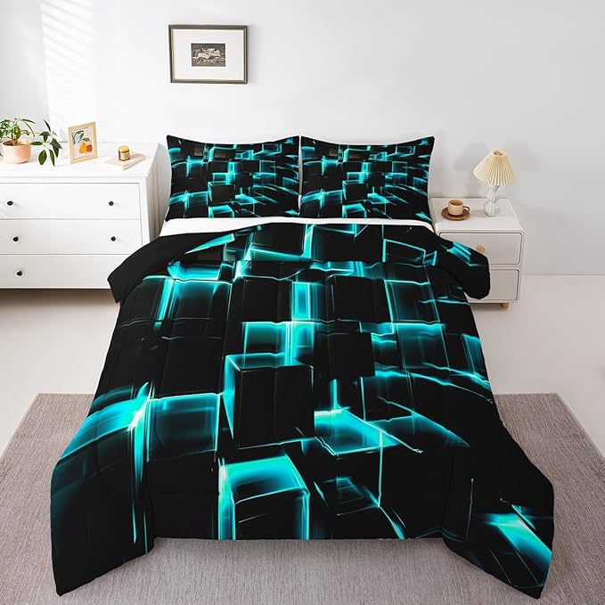 Erosebridal Modern Kids Comforter Set, 3D Plaid Square Print Queen Size Bed Set for Teen Boys, Black and Teal Soft Microfiber Bedding Sets for All Seasons, 3 Piece