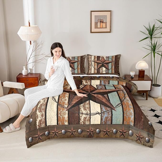 Western Texas Star Kids Comforter Set Queen Size,Vintage Wooden Plank Bedding Set,Girls Boys Adults Bedroom Decor,Rustic Farmhouse West Cowboy Down Comforter,Brown Retro Duvet Insert,2 Pillowcases