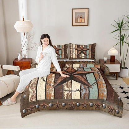 Western Texas Star Kids Comforter Set Twin Size,Vintage Wooden Plank Bedding Set,Girls Boys Adults Bedroom Decor,Rustic Farmhouse West Cowboy Down Comforter,Brown Retro Duvet Insert,1 Pillowcase