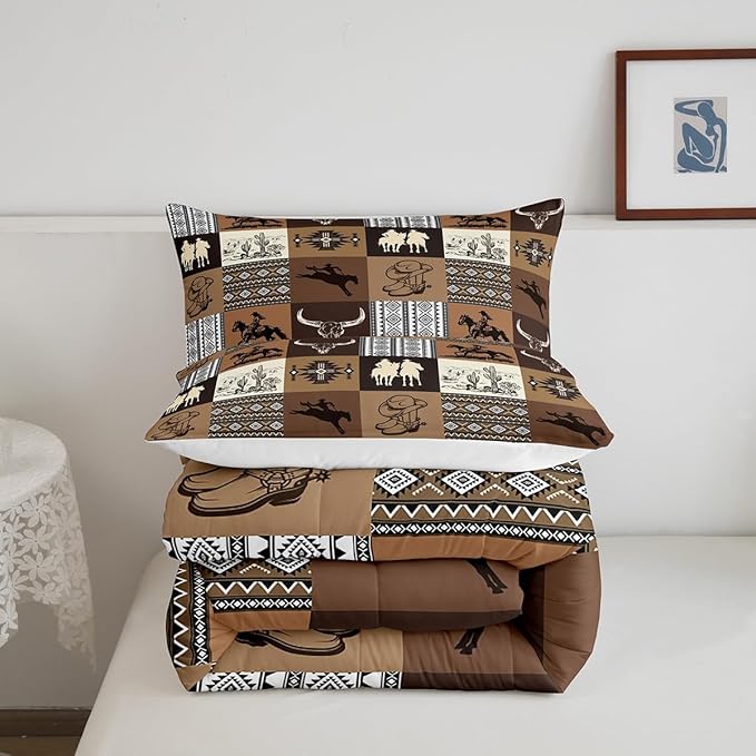 Western Cowboy Bedding Sets Twin Size,Southwest Comforter Set 2Pcs for Kids Boys Girls Men Room Decor,Vintage Aztec Tribal Quilt Set Desert Cactus Cowgirl Print Grid Duvet Insert 2Pcs,Brown