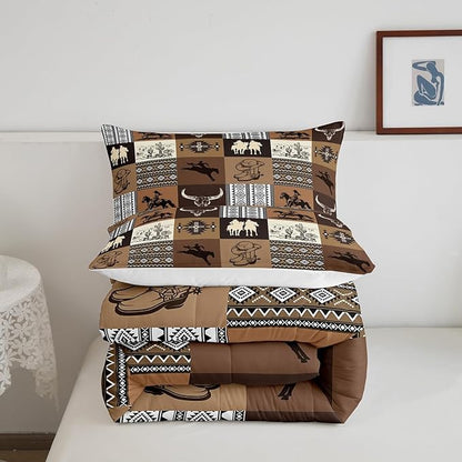 Western Cowboy Bedding Sets Twin Size,Southwest Comforter Set 2Pcs for Kids Boys Girls Men Room Decor,Vintage Aztec Tribal Quilt Set Desert Cactus Cowgirl Print Grid Duvet Insert 2Pcs,Brown
