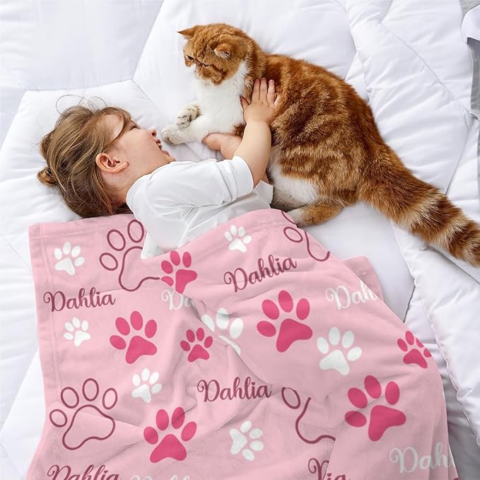 Personalized Dog Blankets with Name, Custom Paw Print Blanket for Large Medium Small Dogs Christmas, Birthday Gifts, Soft Throw Puppy Blanket - Customized Memorial Blanket Gifts for Pet Lovers