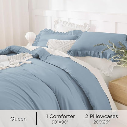 Andency Grayish Blue Queen Comforter Set(90x90Inch), 3 Pcs(1 Ruffle Comforter and 2 Pillowcases) Solid Bedding Comforter Sets for Queen Bed, Lightweight and Fluffy Soft Microfiber Bedding Set