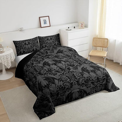 Feelyou Adults Gothic Comforter Set King Size Dark Olive Green Damask Comforter Bat Bohemia Boho Bedding Set Goth Duvet Set Vintage Victorian Baroque Floral Quilt Set 3Pcs