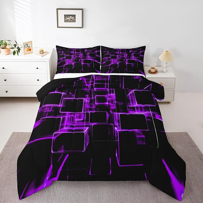 Erosebridal Fluorescent Purple and Black Kids Comforter Set, Modern Geometric Square Bedding Sets Colorful Gradient Neon Light Honeycomb Duvet Insert Twin 2 Pieces