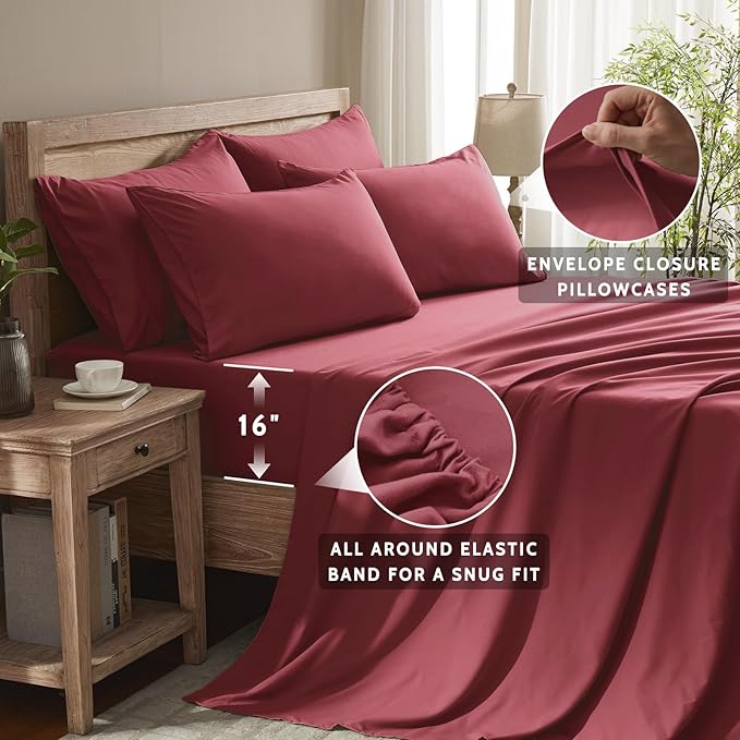 King Size Sheets Set - 6 Piece Luxuriously Soft & Cooling Sheets King Size - Ultra Soft 16" Deep Pocket King Sheet Set - Fitted Sheet & Pillowcase Sets (King Burgundy)