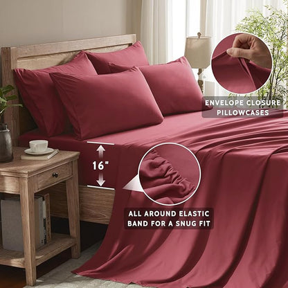 King Size Sheets Set - 6 Piece Luxuriously Soft & Cooling Sheets King Size - Ultra Soft 16" Deep Pocket King Sheet Set - Fitted Sheet & Pillowcase Sets (King Burgundy)