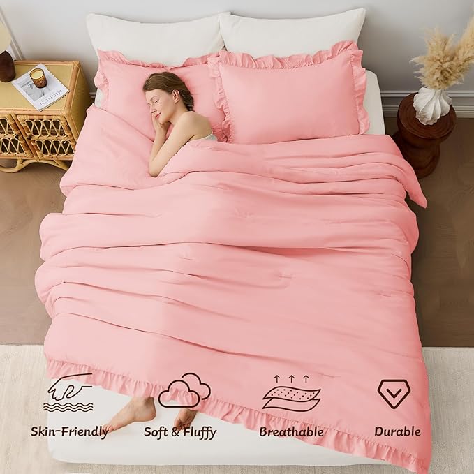 FUANNA Pink Queen Comforter Set, 3 Pieces Ruffle Queen Bed Set, Fluffy Bed in a Bag Queen for All Seasons, Shabby Chic Bedding Comforter Sets with 1 Lightweight Comforter & 2 Pillowshams