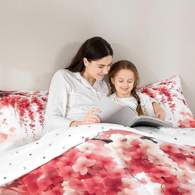 Manfei Cherry Blossom Comforter Set King Size, Watercolor Flower Branches Bedding Set 3pcs, Japanese Style Pink Red Floral Down Comforter, Kids Girls Women Room Decor, 2 Pillowcases, No Sheets