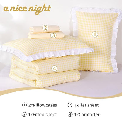 A Nice Night 5 Pieces Lightweight Soft Rustic Yellow Ruffle Comforter, Plaid Checkered Chic Bedding Comforter Set for Queen Bed
